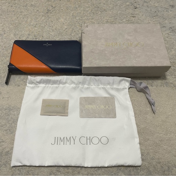 Like New Unisex Jimmy Choo Zip-around Leather Continental Wallet In Navy/Orange - Picture 6 of 14